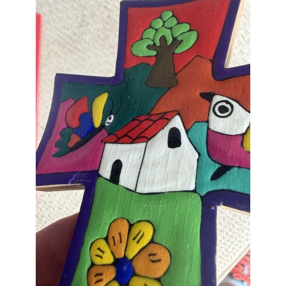 Vintage hand-painted colorful whimsical wood christian Cross. El Salvador
